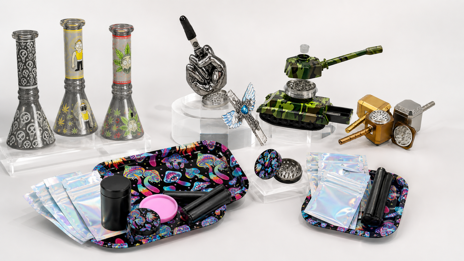 GrindYourJoy wholesale novelty accessories product assortment displayed on acrylic risers