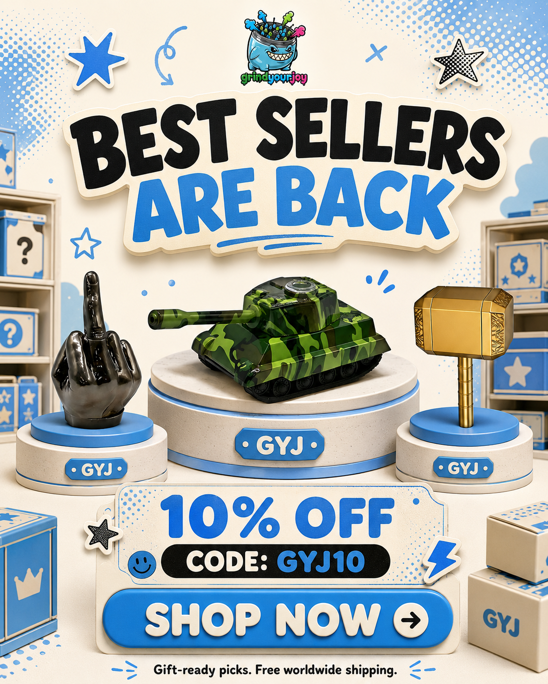 GrindYourJoy best sellers hero banner featuring novelty metal grinders with 10 percent off code GYJ10
